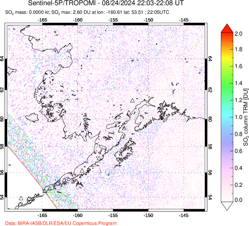 A sulfur dioxide image over Alaska, USA on Aug 24, 2024.