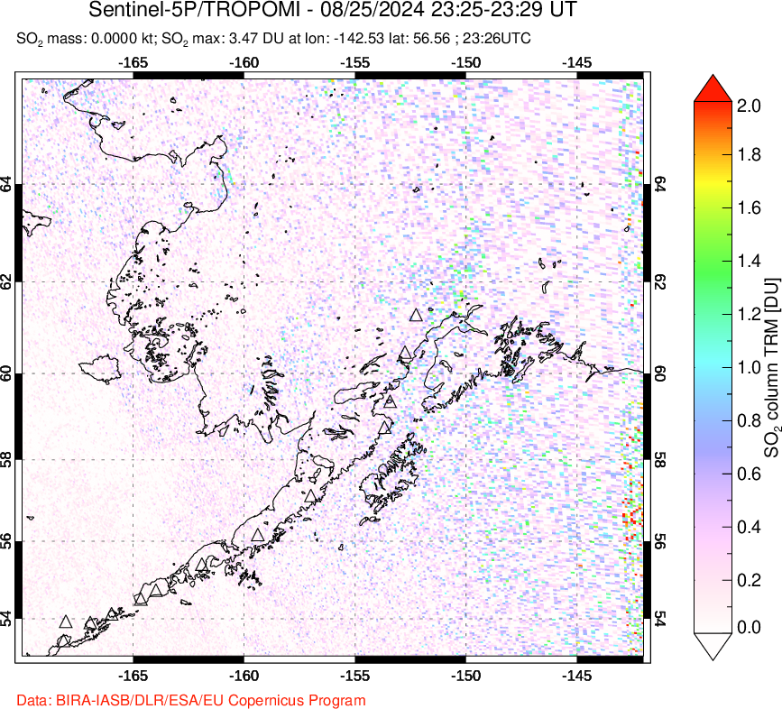 A sulfur dioxide image over Alaska, USA on Aug 25, 2024.