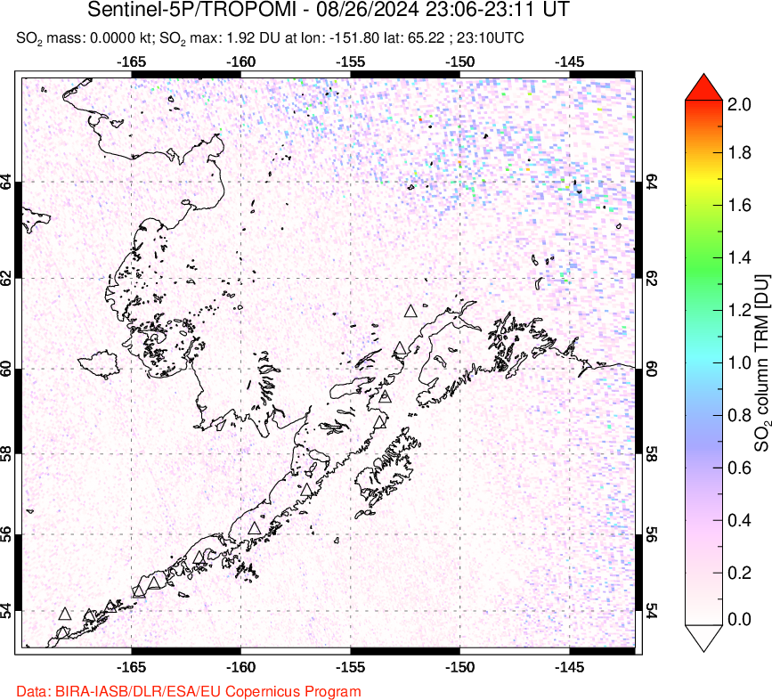 A sulfur dioxide image over Alaska, USA on Aug 26, 2024.