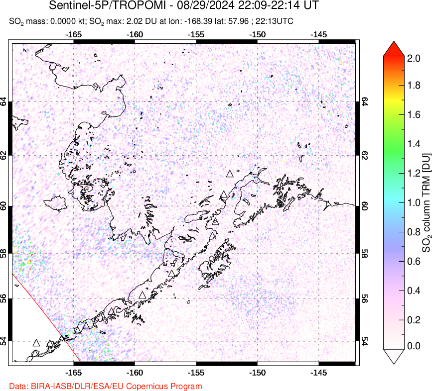 A sulfur dioxide image over Alaska, USA on Aug 29, 2024.