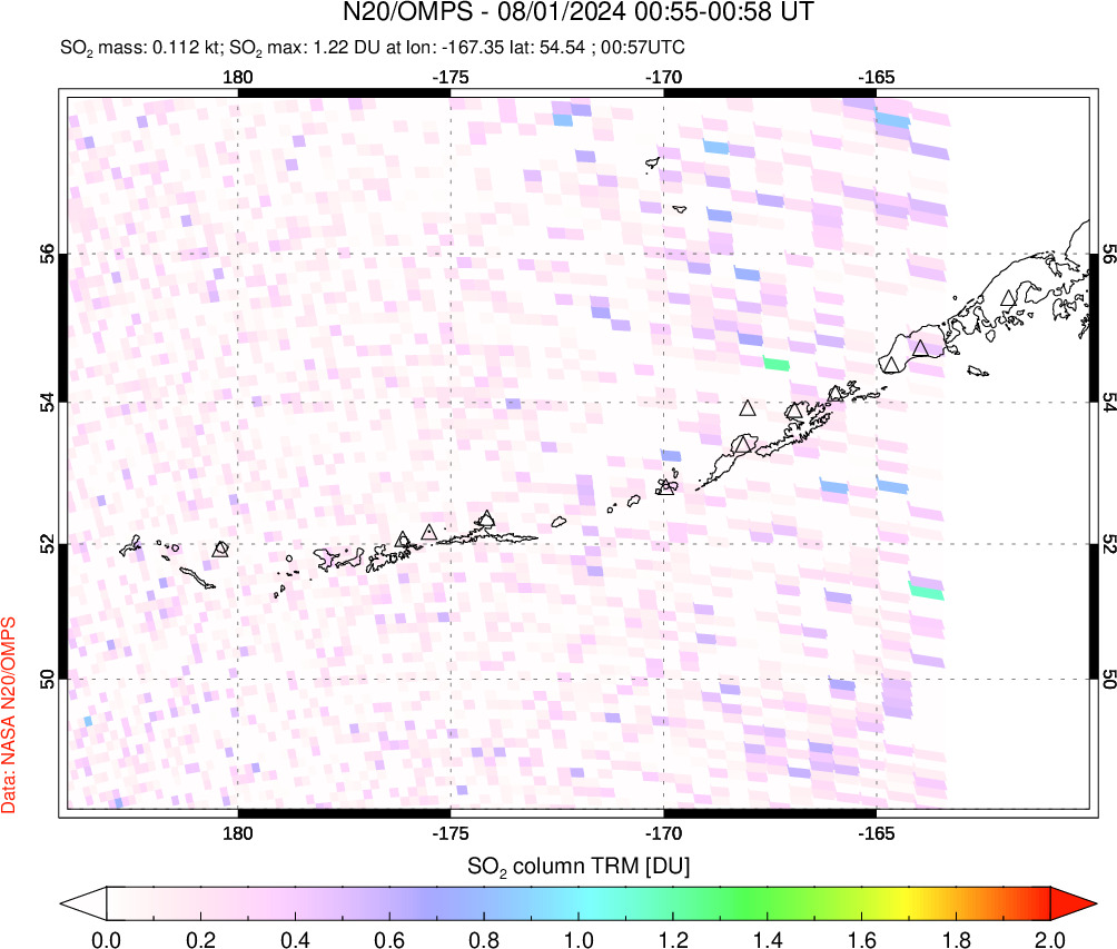 A sulfur dioxide image over Aleutian Islands, Alaska, USA on Aug 01, 2024.