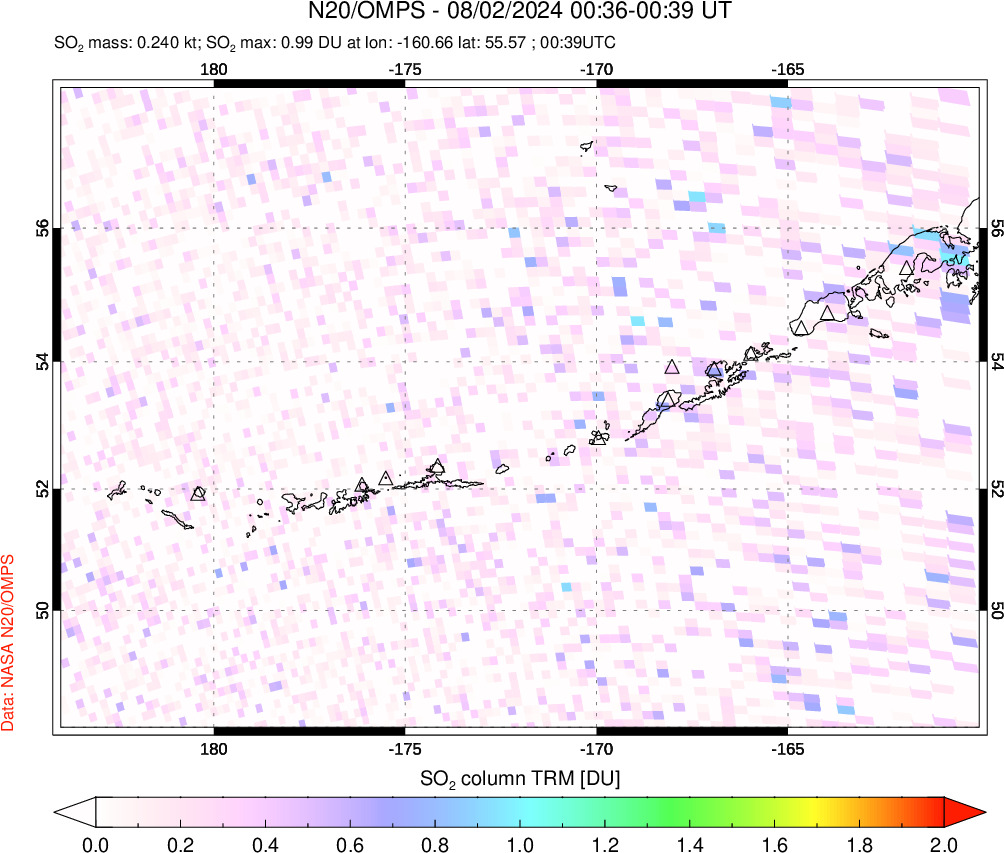 A sulfur dioxide image over Aleutian Islands, Alaska, USA on Aug 02, 2024.