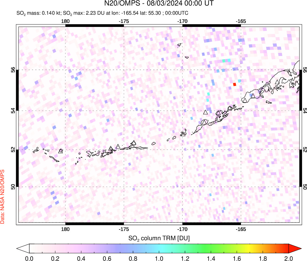 A sulfur dioxide image over Aleutian Islands, Alaska, USA on Aug 03, 2024.