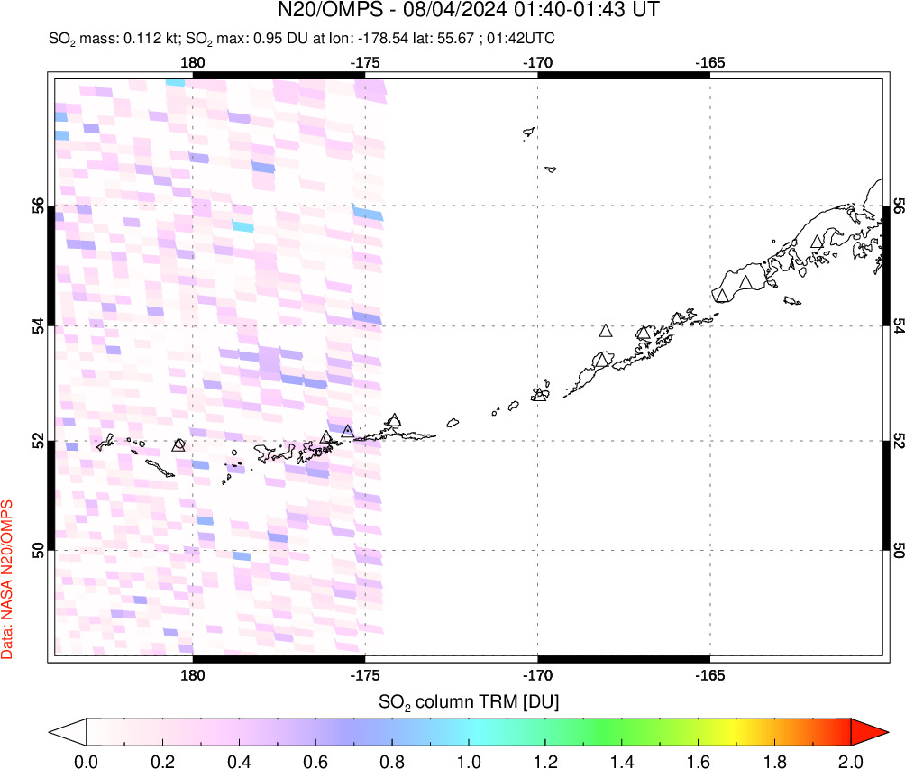 A sulfur dioxide image over Aleutian Islands, Alaska, USA on Aug 04, 2024.