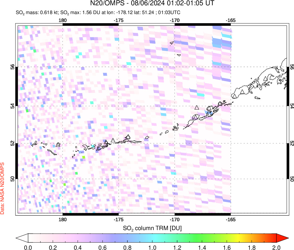 A sulfur dioxide image over Aleutian Islands, Alaska, USA on Aug 06, 2024.