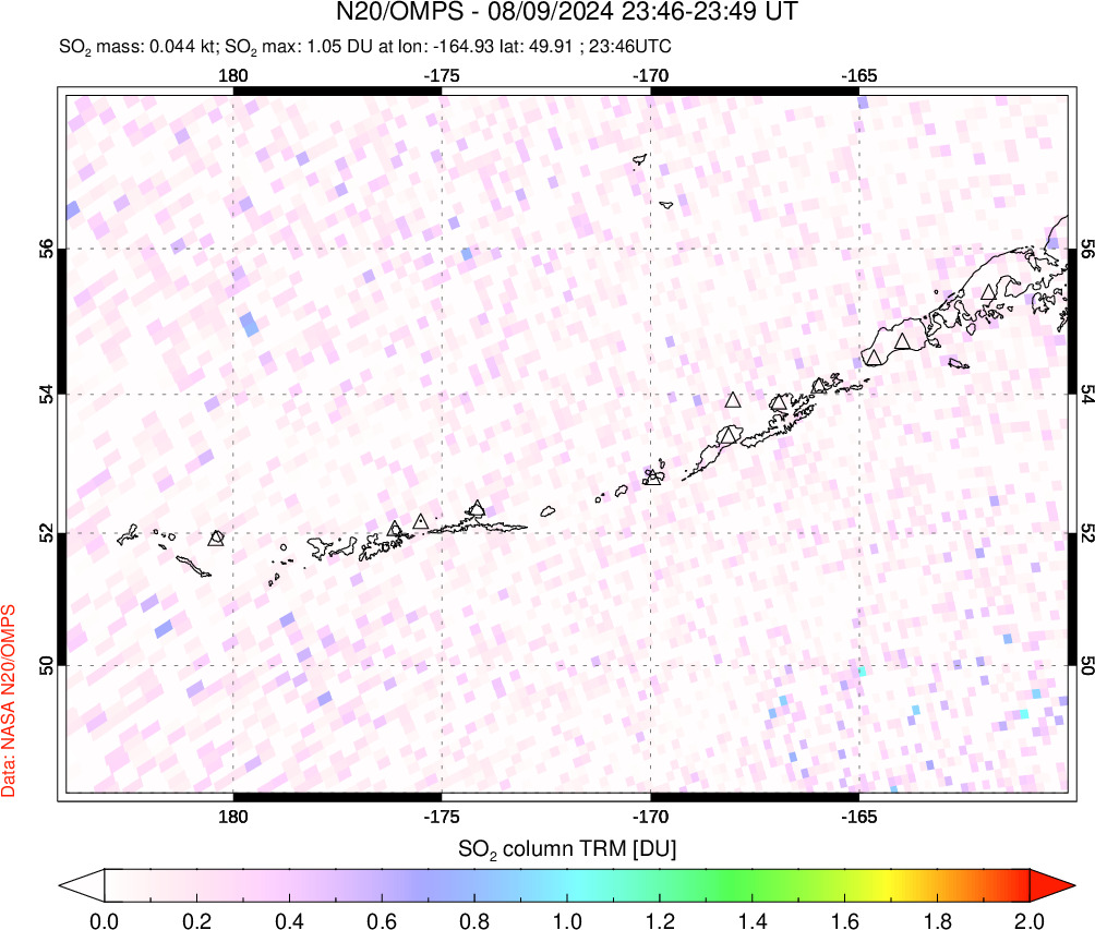 A sulfur dioxide image over Aleutian Islands, Alaska, USA on Aug 09, 2024.