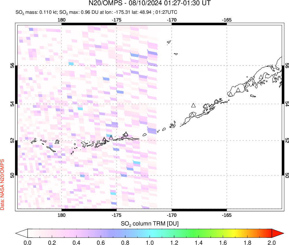 A sulfur dioxide image over Aleutian Islands, Alaska, USA on Aug 10, 2024.