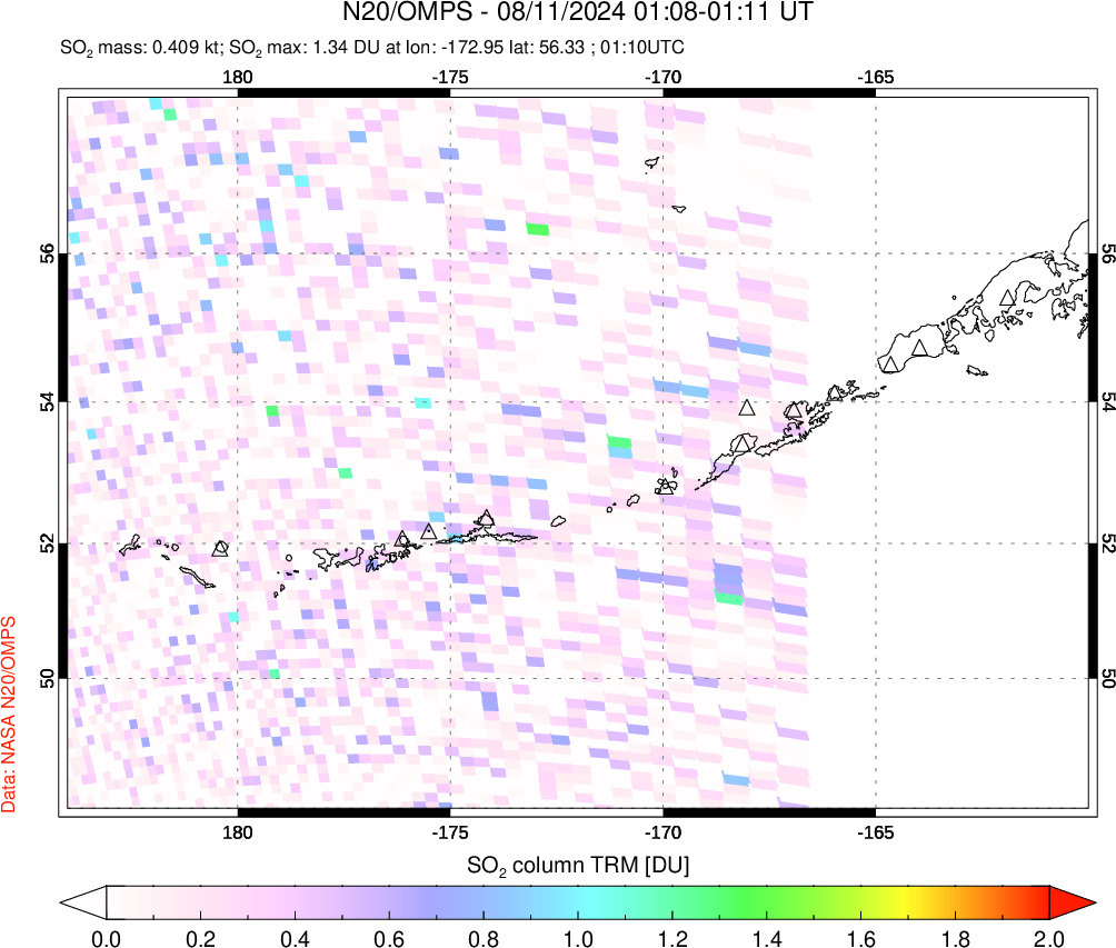 A sulfur dioxide image over Aleutian Islands, Alaska, USA on Aug 11, 2024.