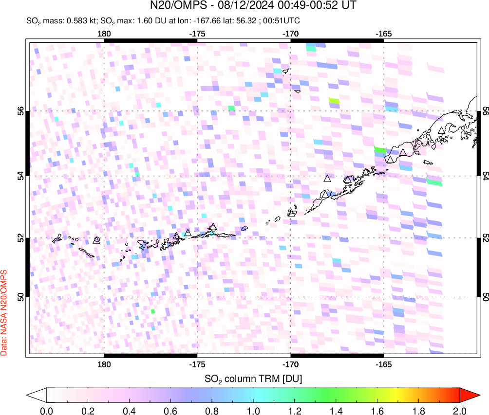 A sulfur dioxide image over Aleutian Islands, Alaska, USA on Aug 12, 2024.