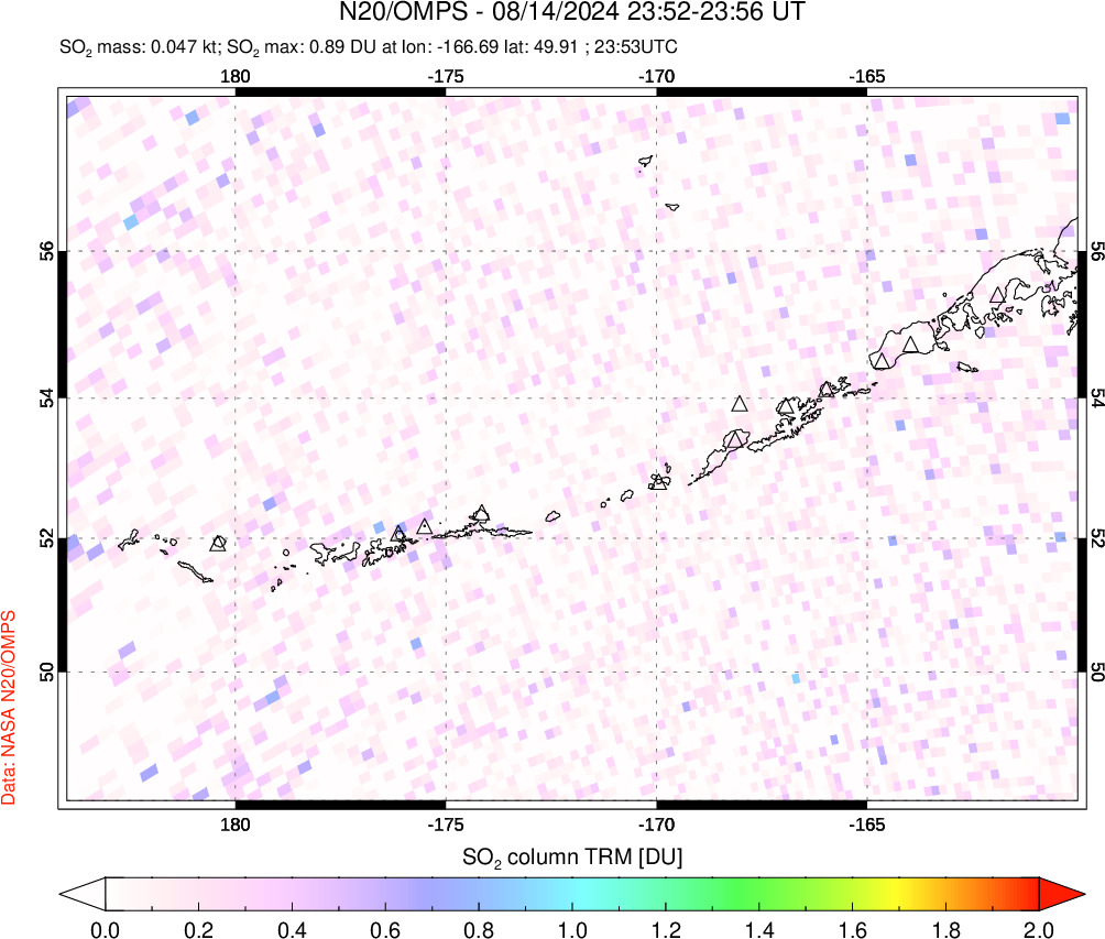 A sulfur dioxide image over Aleutian Islands, Alaska, USA on Aug 14, 2024.