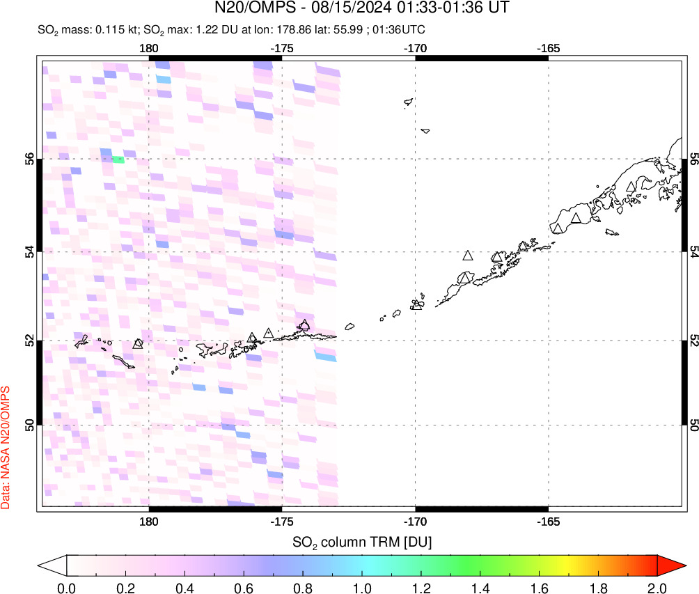 A sulfur dioxide image over Aleutian Islands, Alaska, USA on Aug 15, 2024.