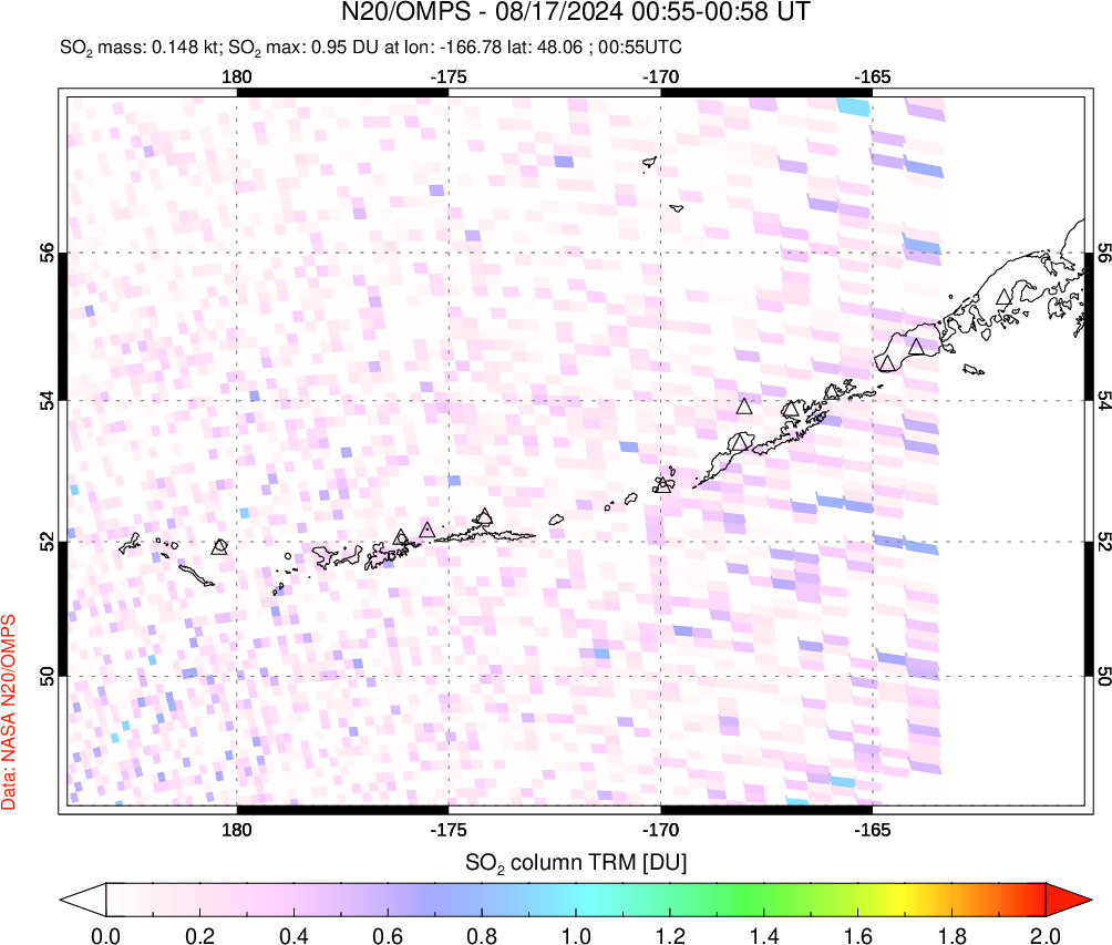 A sulfur dioxide image over Aleutian Islands, Alaska, USA on Aug 17, 2024.