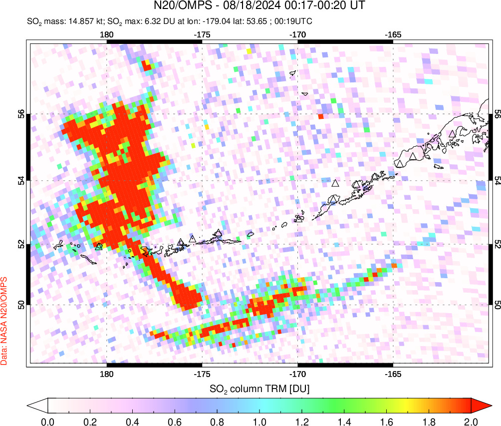 A sulfur dioxide image over Aleutian Islands, Alaska, USA on Aug 18, 2024.