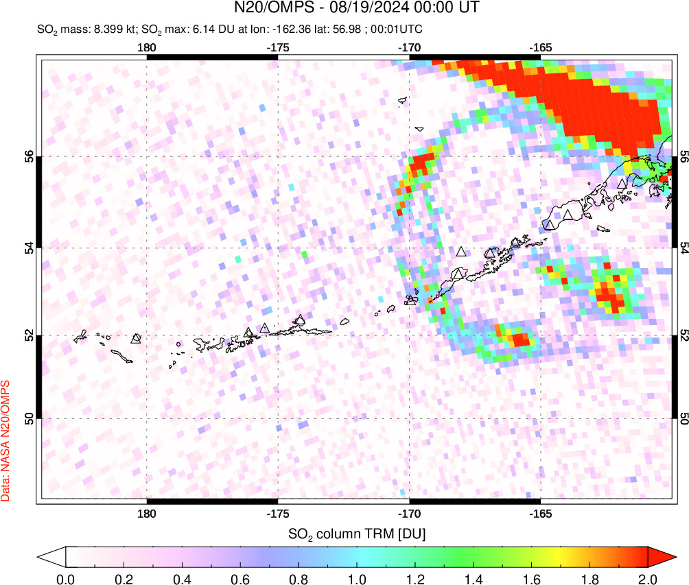 A sulfur dioxide image over Aleutian Islands, Alaska, USA on Aug 19, 2024.