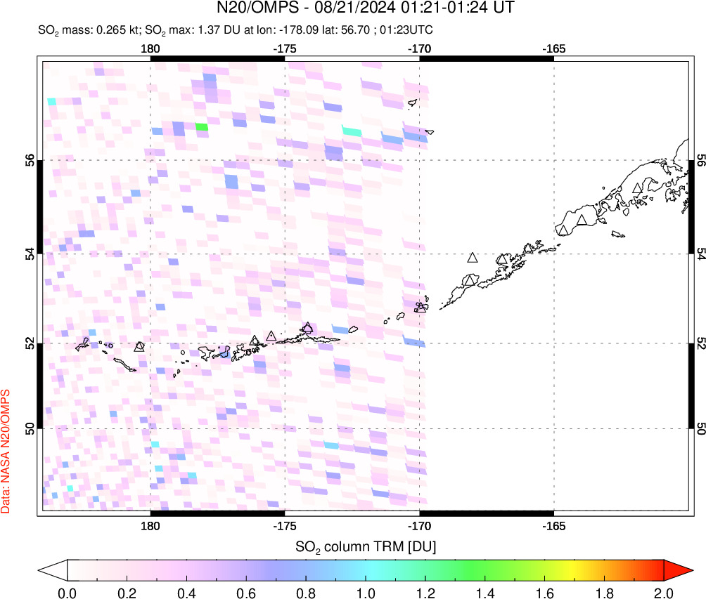 A sulfur dioxide image over Aleutian Islands, Alaska, USA on Aug 21, 2024.