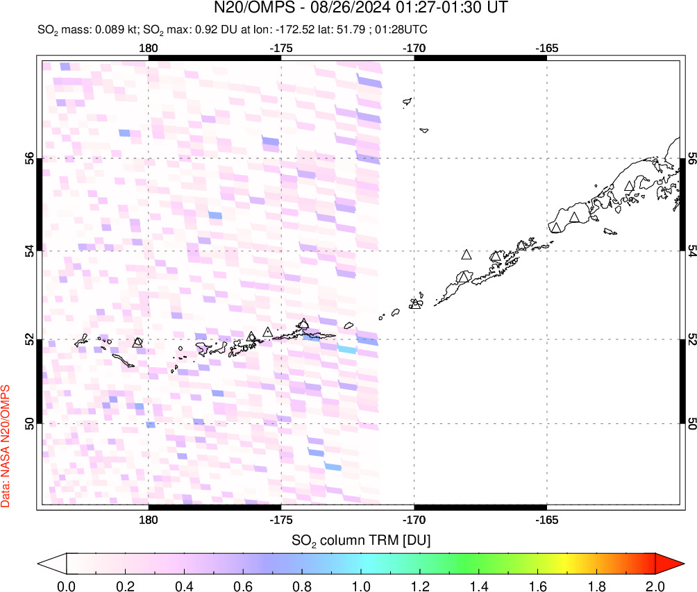 A sulfur dioxide image over Aleutian Islands, Alaska, USA on Aug 26, 2024.