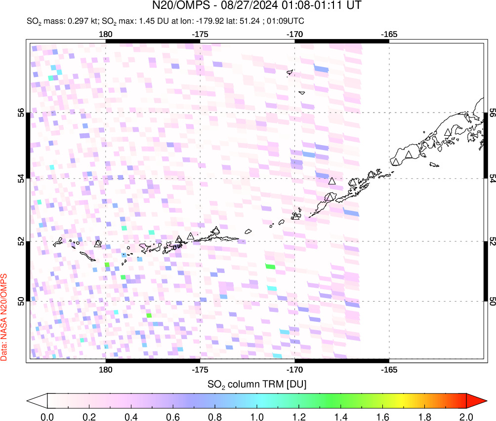 A sulfur dioxide image over Aleutian Islands, Alaska, USA on Aug 27, 2024.