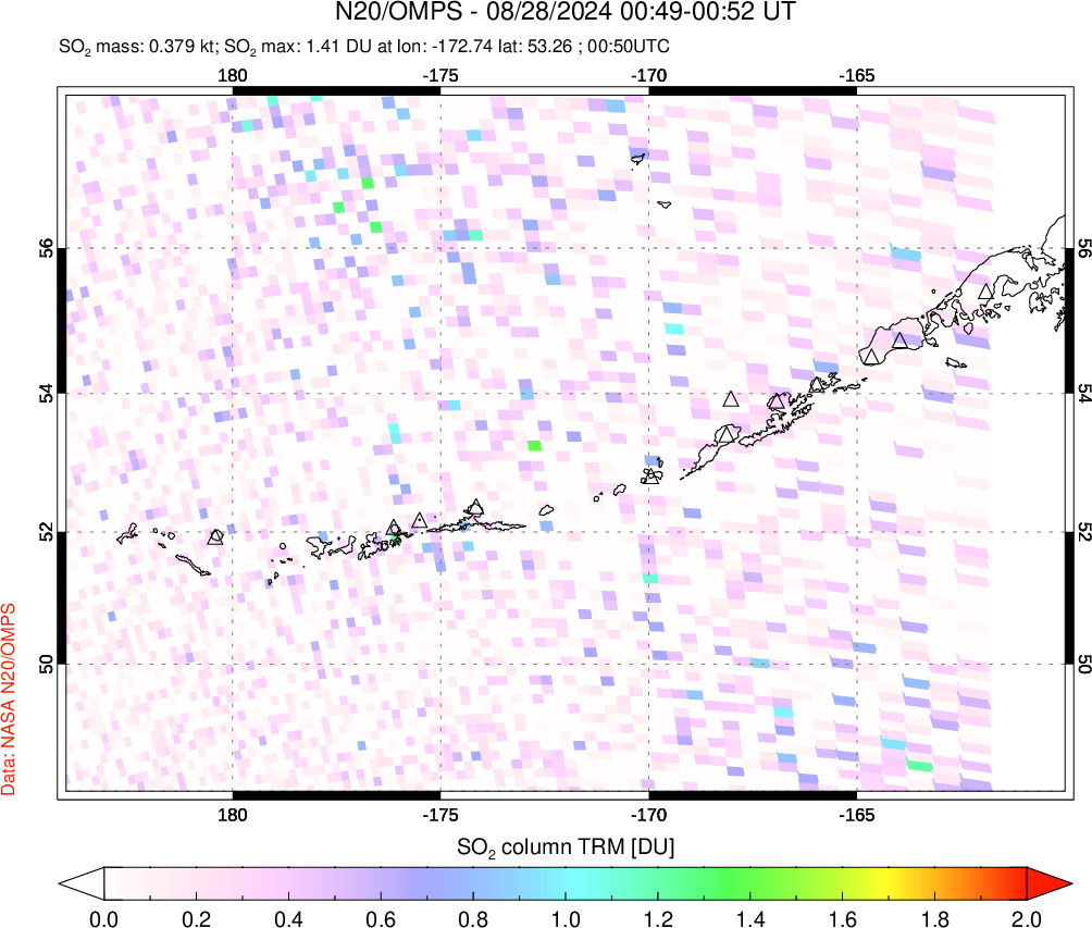 A sulfur dioxide image over Aleutian Islands, Alaska, USA on Aug 28, 2024.