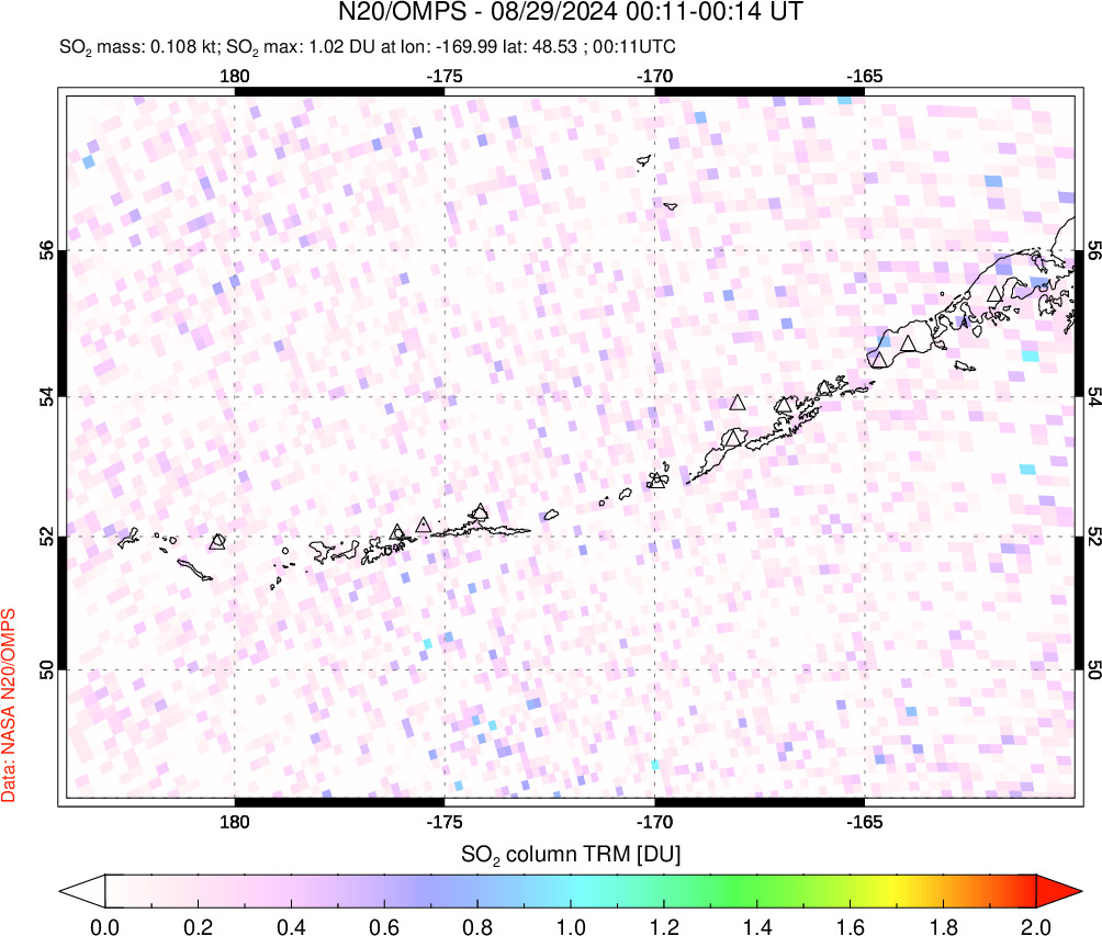 A sulfur dioxide image over Aleutian Islands, Alaska, USA on Aug 29, 2024.