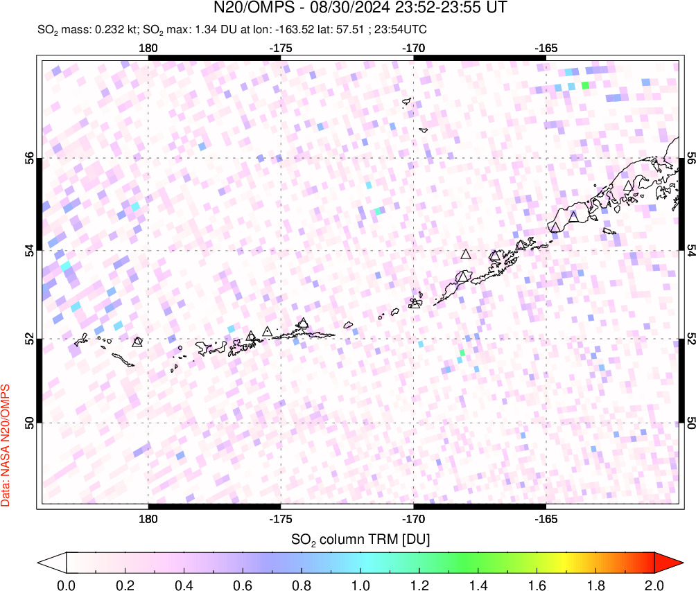 A sulfur dioxide image over Aleutian Islands, Alaska, USA on Aug 30, 2024.