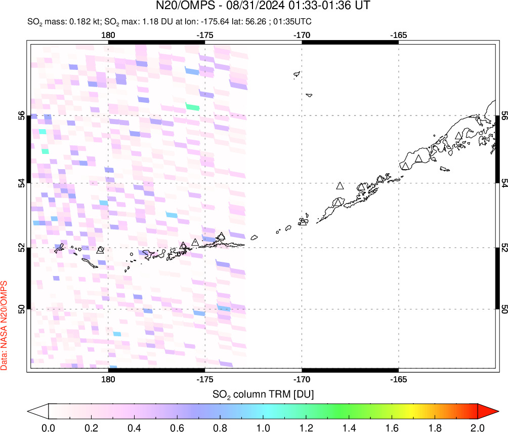 A sulfur dioxide image over Aleutian Islands, Alaska, USA on Aug 31, 2024.