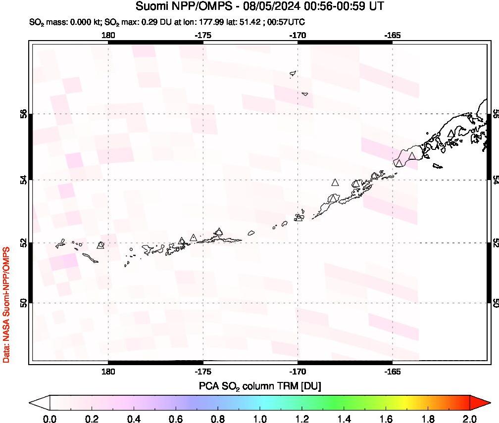 A sulfur dioxide image over Aleutian Islands, Alaska, USA on Aug 05, 2024.