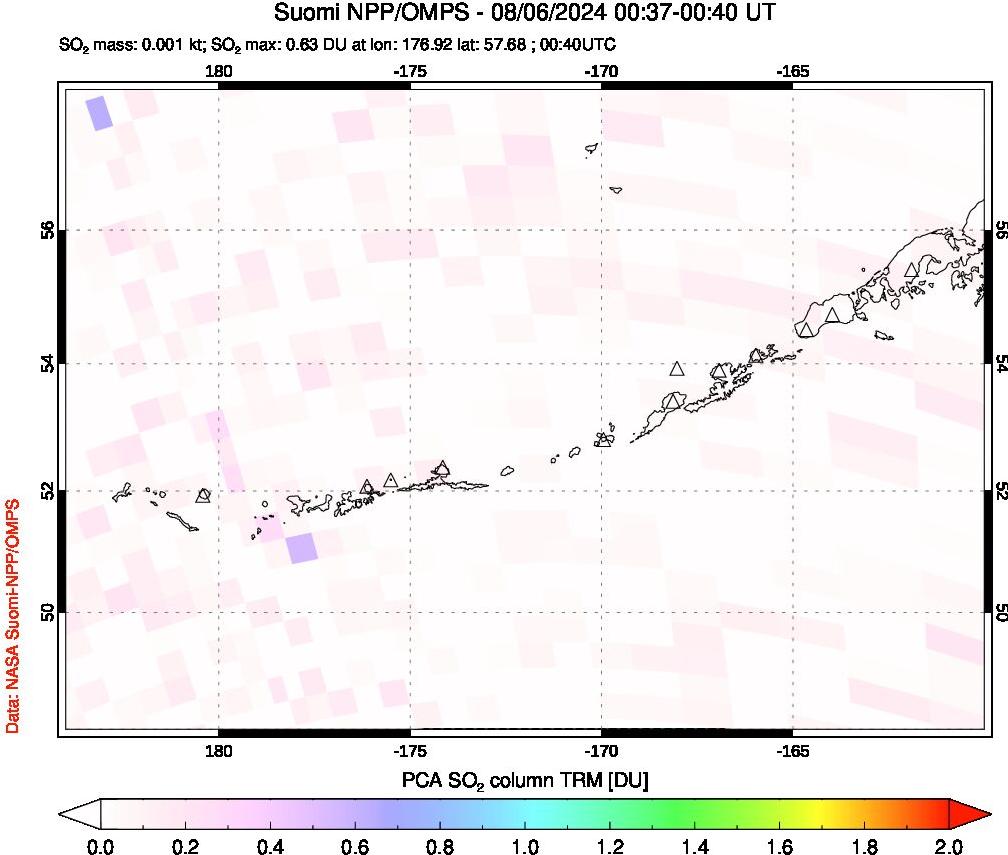 A sulfur dioxide image over Aleutian Islands, Alaska, USA on Aug 06, 2024.