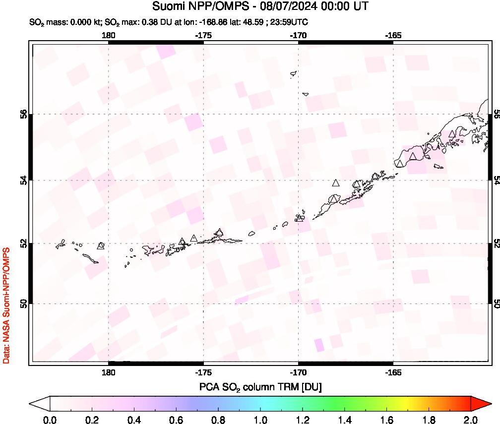 A sulfur dioxide image over Aleutian Islands, Alaska, USA on Aug 07, 2024.