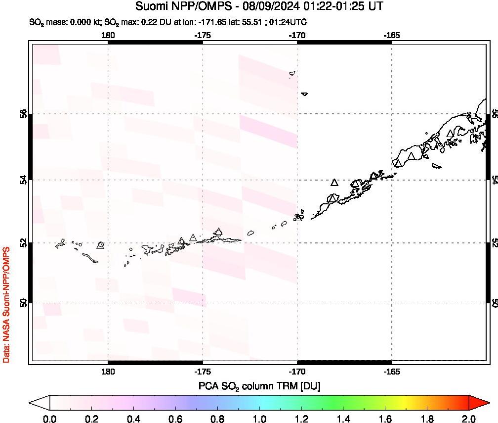 A sulfur dioxide image over Aleutian Islands, Alaska, USA on Aug 09, 2024.