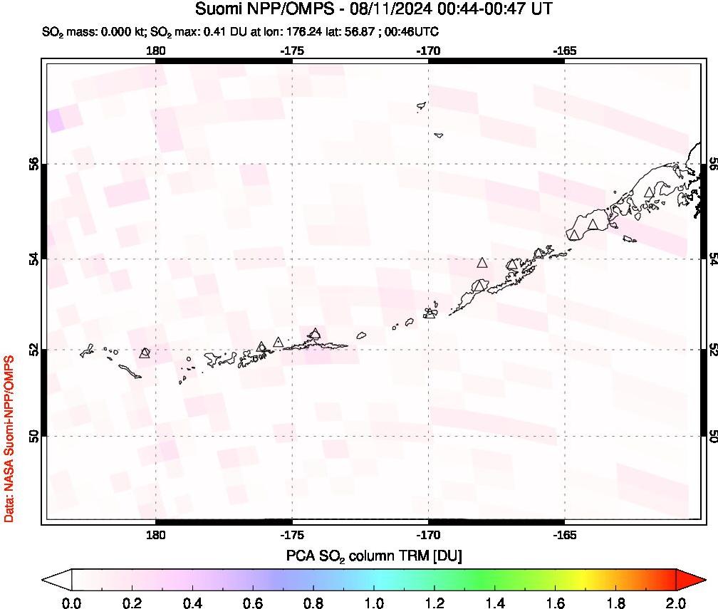 A sulfur dioxide image over Aleutian Islands, Alaska, USA on Aug 11, 2024.