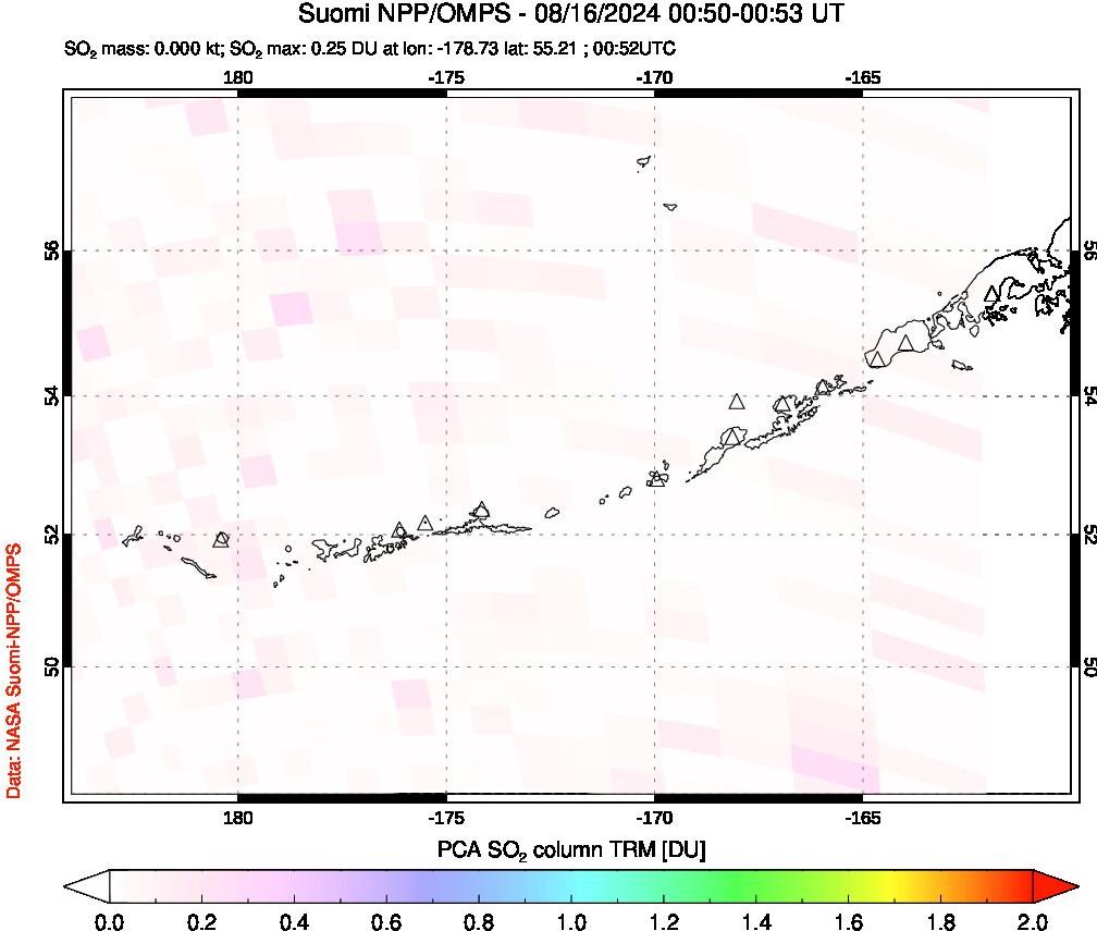 A sulfur dioxide image over Aleutian Islands, Alaska, USA on Aug 16, 2024.