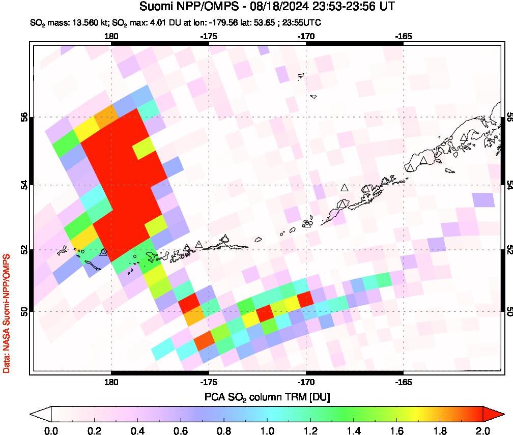 A sulfur dioxide image over Aleutian Islands, Alaska, USA on Aug 18, 2024.