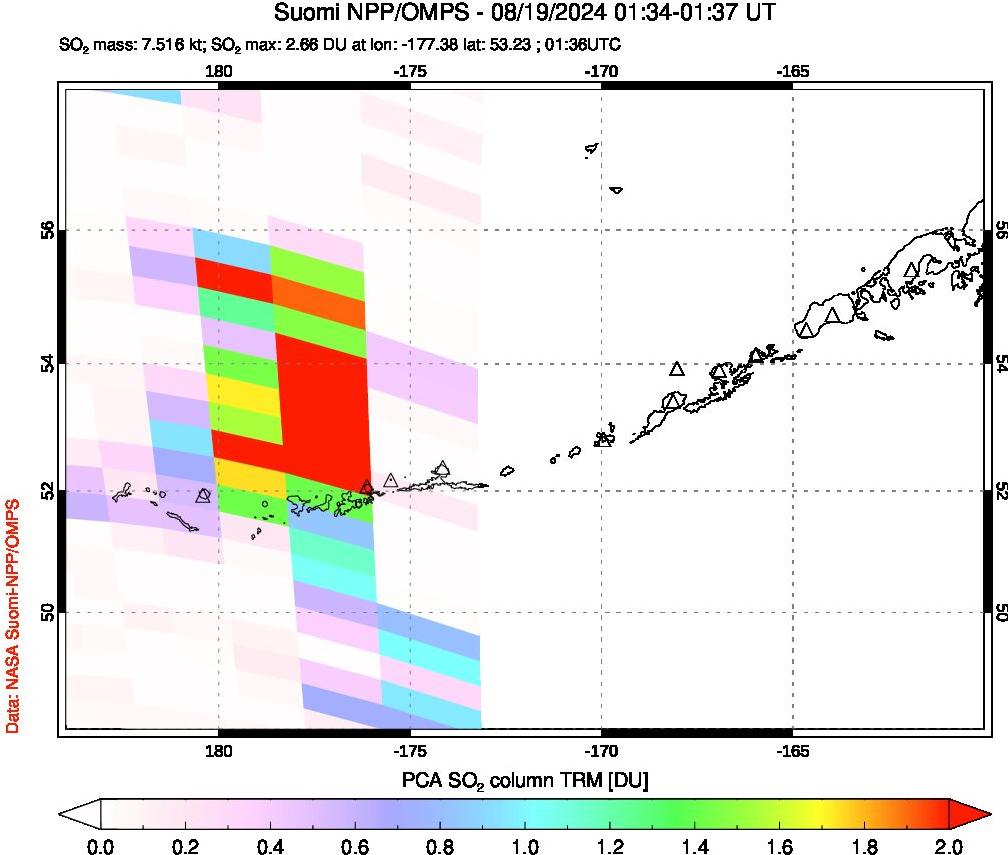 A sulfur dioxide image over Aleutian Islands, Alaska, USA on Aug 19, 2024.