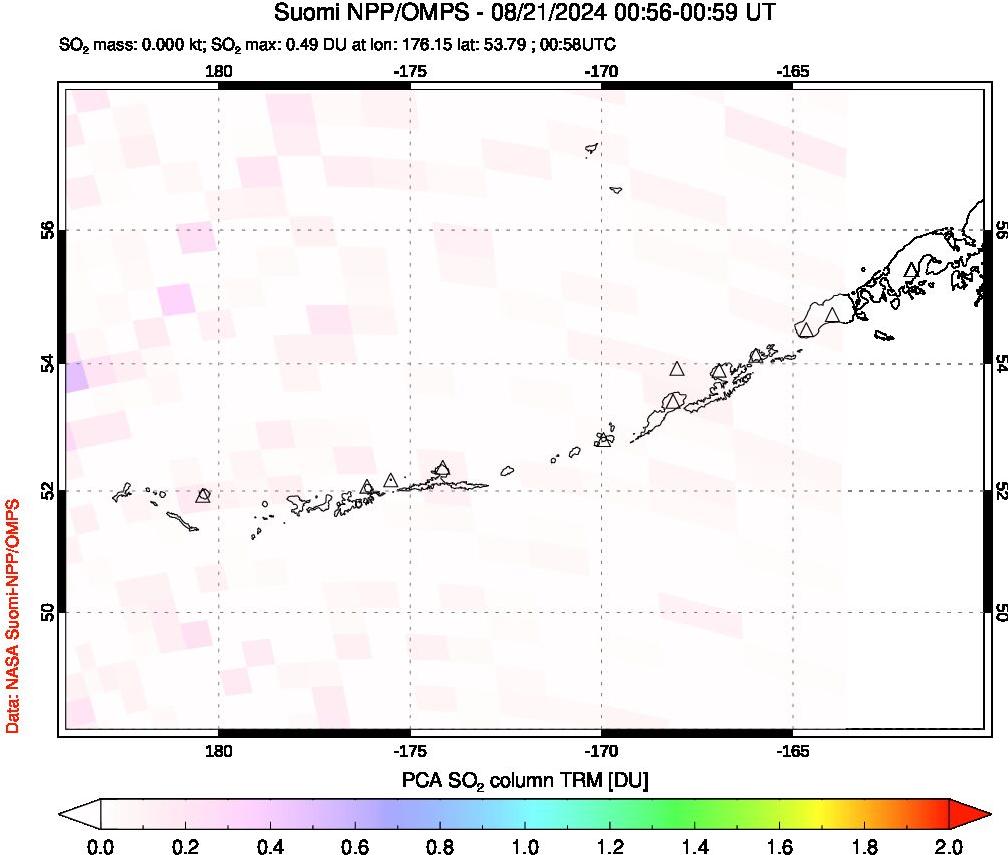 A sulfur dioxide image over Aleutian Islands, Alaska, USA on Aug 21, 2024.