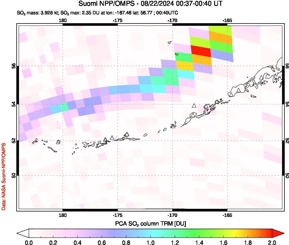 A sulfur dioxide image over Aleutian Islands, Alaska, USA on Aug 22, 2024.