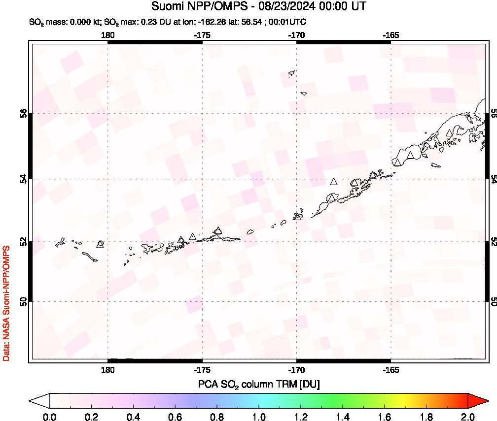 A sulfur dioxide image over Aleutian Islands, Alaska, USA on Aug 23, 2024.