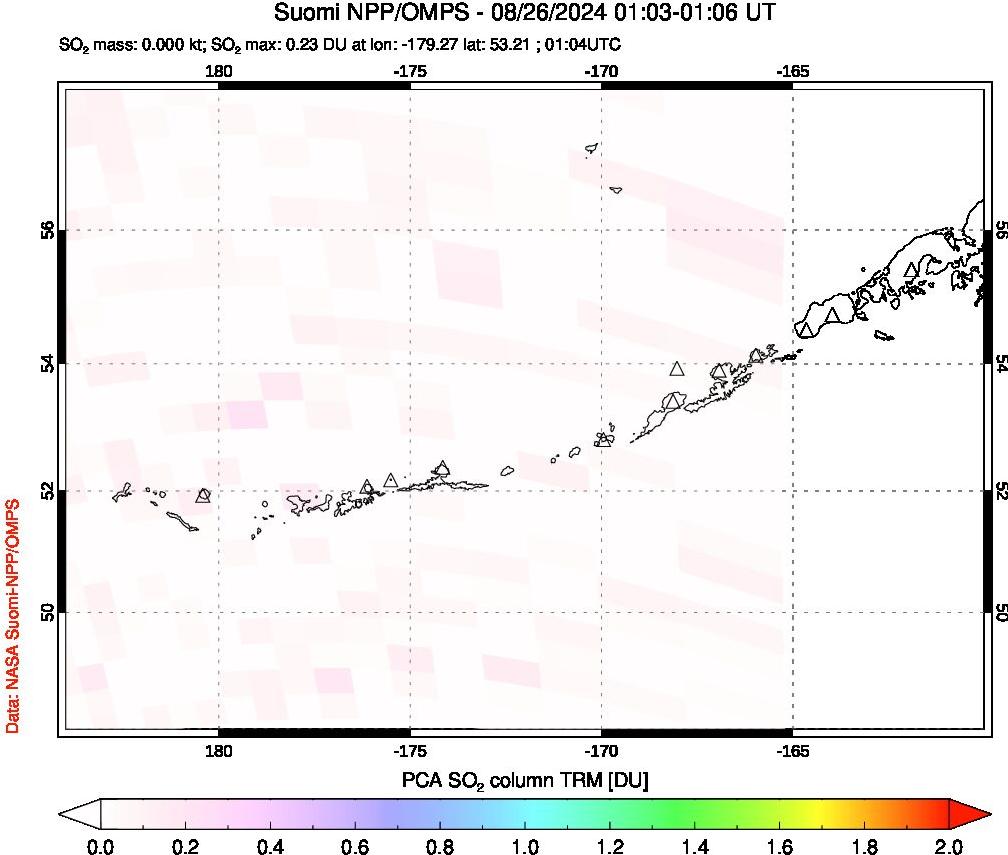 A sulfur dioxide image over Aleutian Islands, Alaska, USA on Aug 26, 2024.