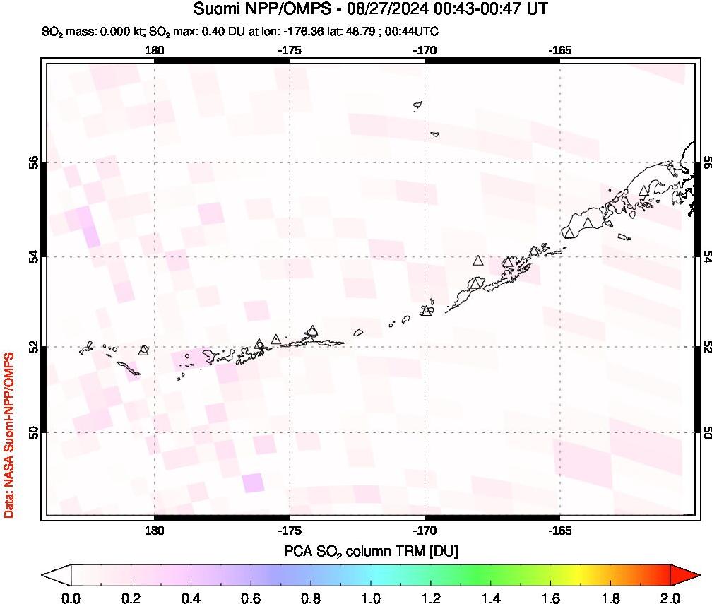 A sulfur dioxide image over Aleutian Islands, Alaska, USA on Aug 27, 2024.