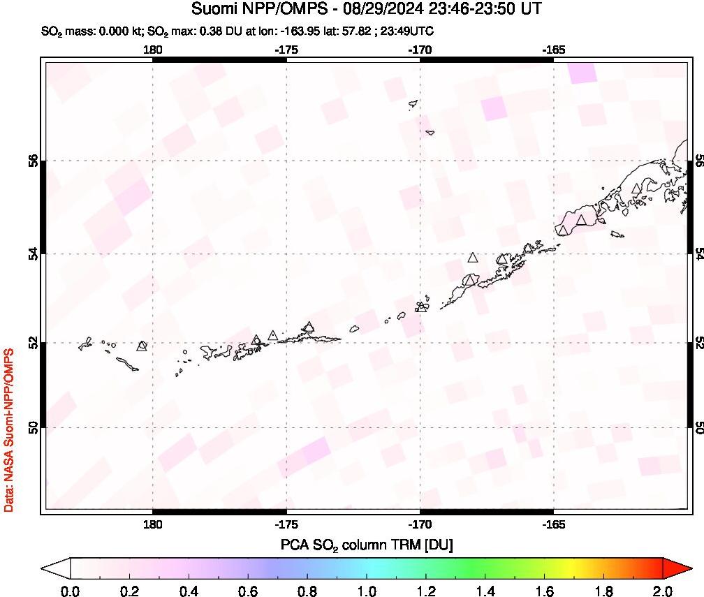 A sulfur dioxide image over Aleutian Islands, Alaska, USA on Aug 29, 2024.