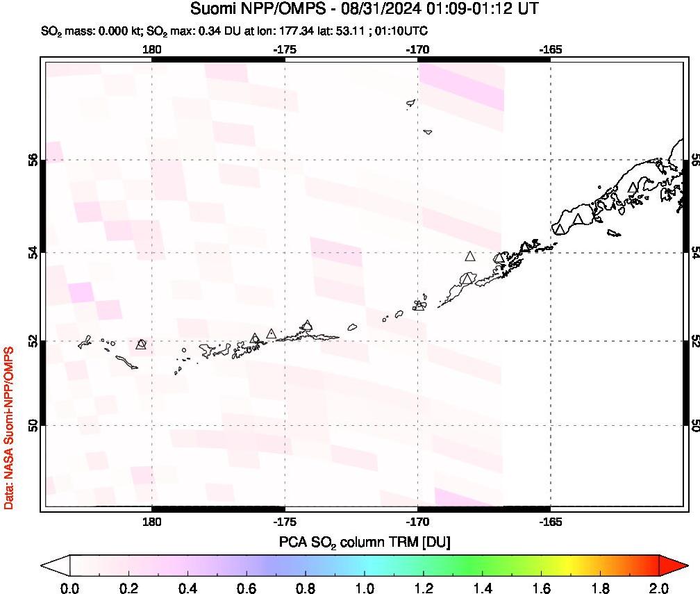 A sulfur dioxide image over Aleutian Islands, Alaska, USA on Aug 31, 2024.