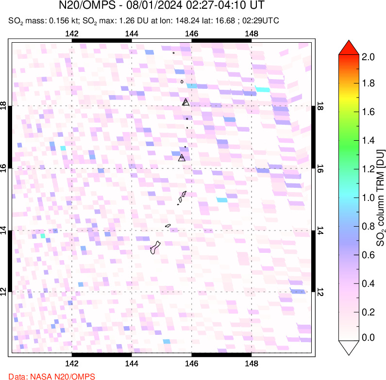 A sulfur dioxide image over Anatahan, Mariana Islands on Aug 01, 2024.