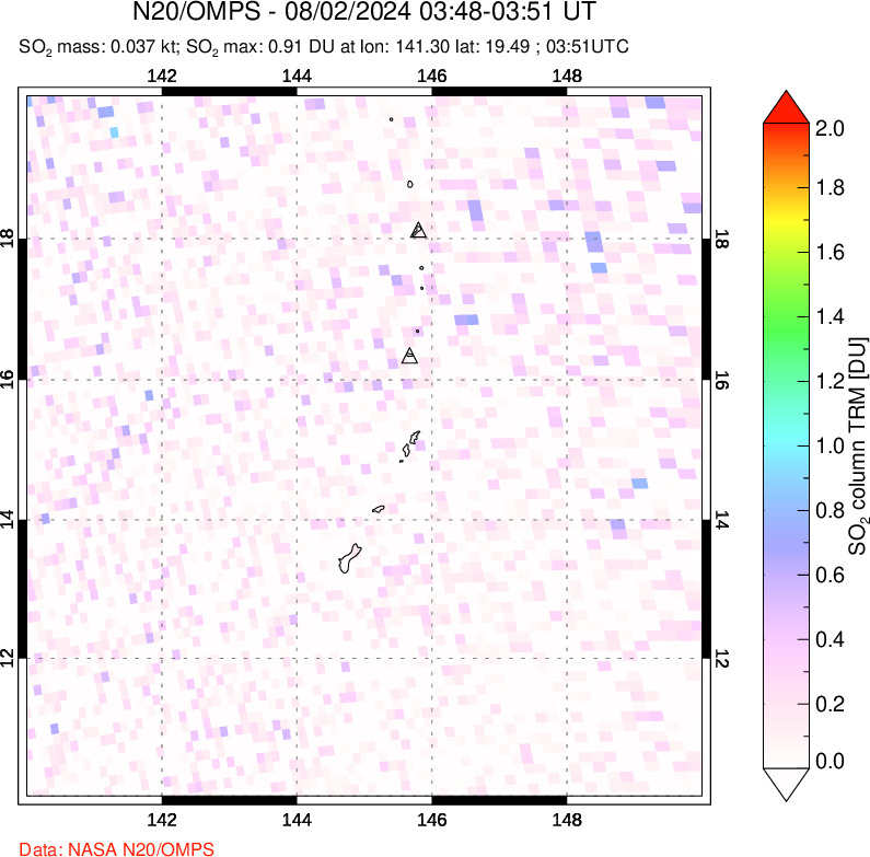 A sulfur dioxide image over Anatahan, Mariana Islands on Aug 02, 2024.