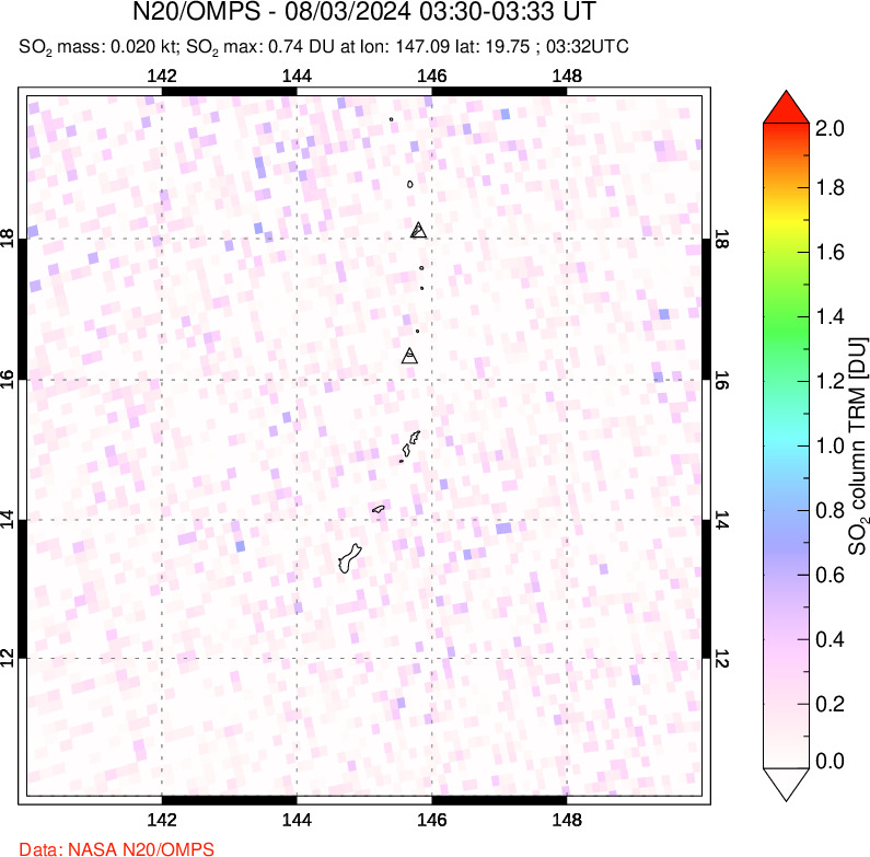 A sulfur dioxide image over Anatahan, Mariana Islands on Aug 03, 2024.