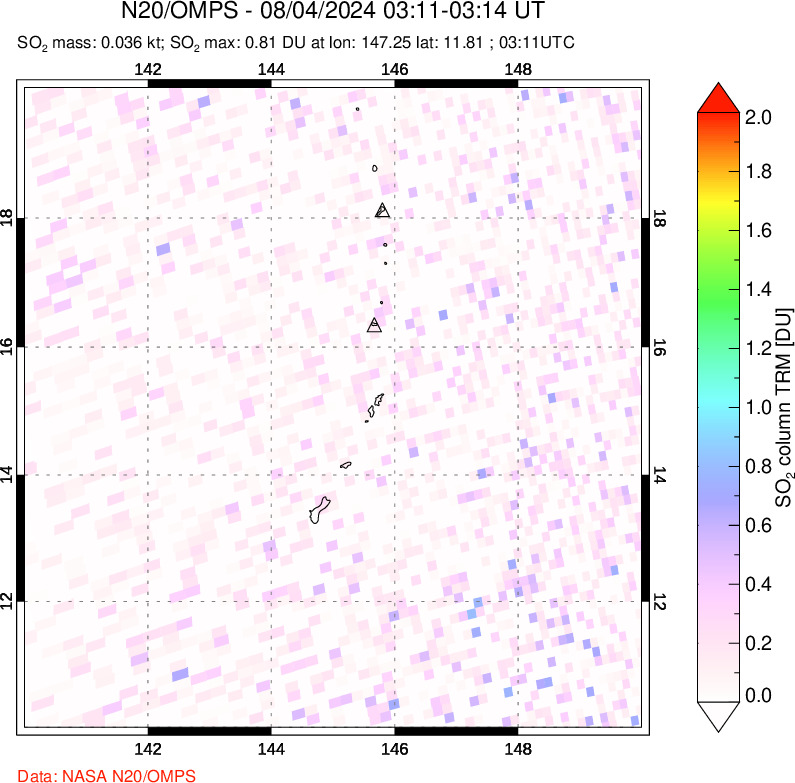 A sulfur dioxide image over Anatahan, Mariana Islands on Aug 04, 2024.