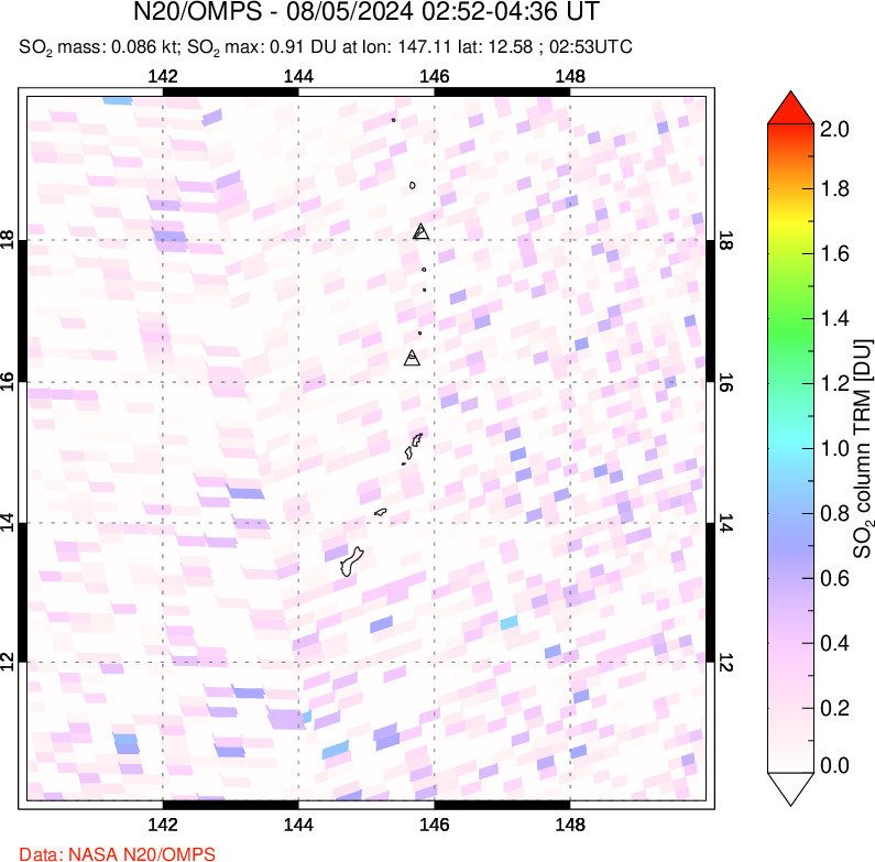 A sulfur dioxide image over Anatahan, Mariana Islands on Aug 05, 2024.