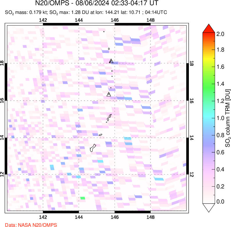 A sulfur dioxide image over Anatahan, Mariana Islands on Aug 06, 2024.