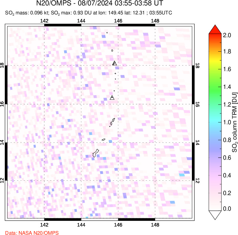 A sulfur dioxide image over Anatahan, Mariana Islands on Aug 07, 2024.