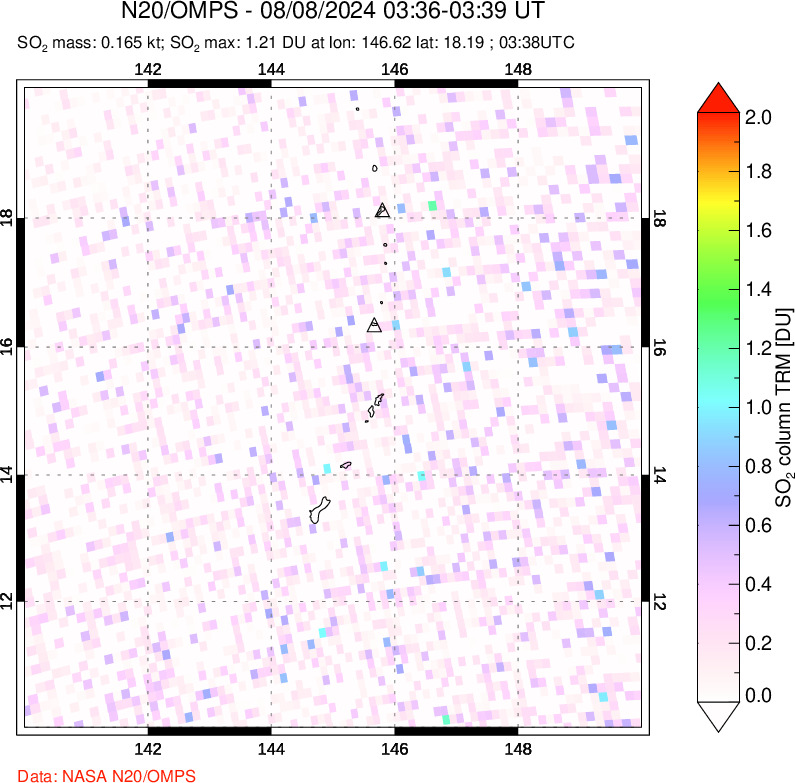 A sulfur dioxide image over Anatahan, Mariana Islands on Aug 08, 2024.