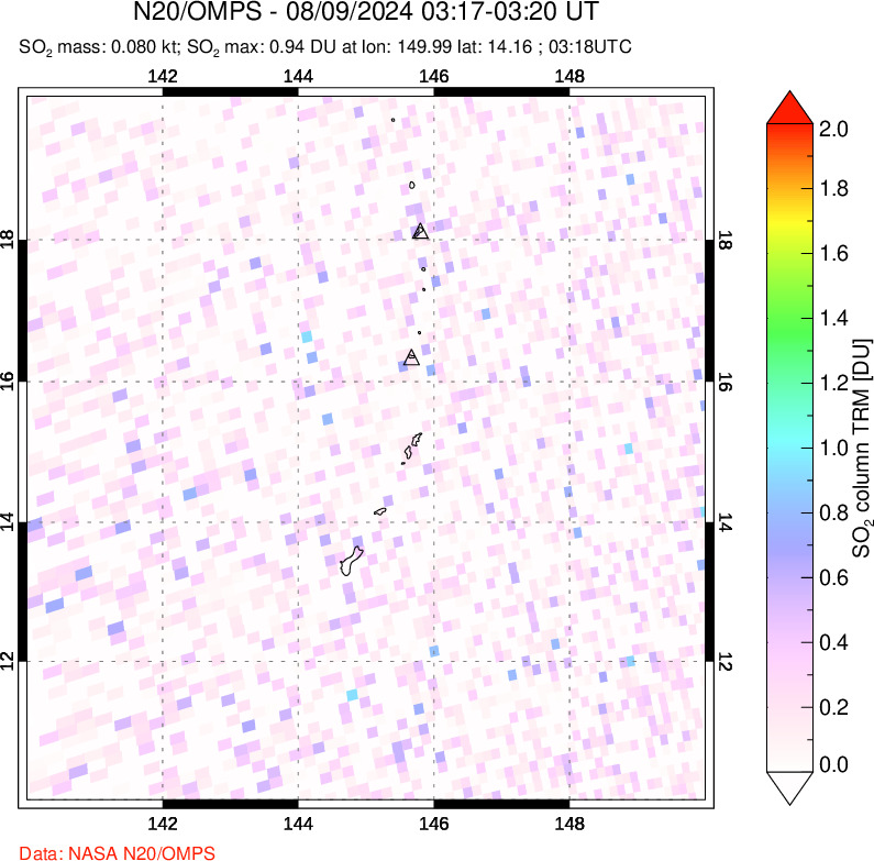 A sulfur dioxide image over Anatahan, Mariana Islands on Aug 09, 2024.