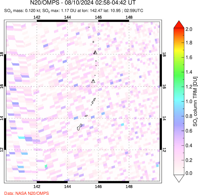 A sulfur dioxide image over Anatahan, Mariana Islands on Aug 10, 2024.